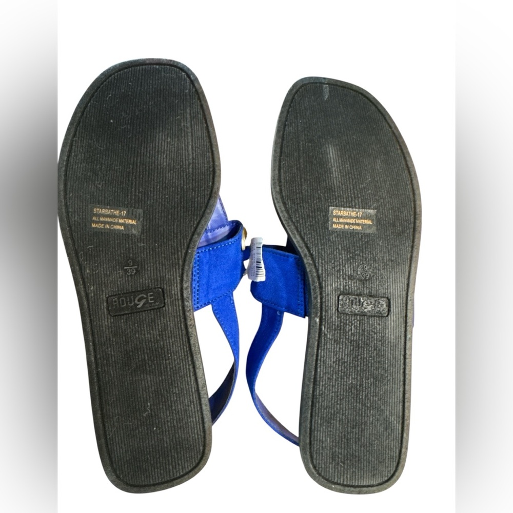 Rouge Helium Neon Blue Brass Detail Horsebit T-Strap Thong Sandals Size 9 - Picture 7 of 7